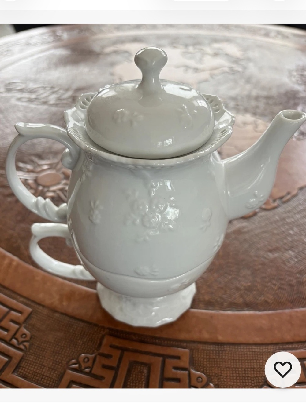 Tea for 1, 3 Piece White Embossed Porcelain Teapot, Cup, Lid Set by Ganz. White.
